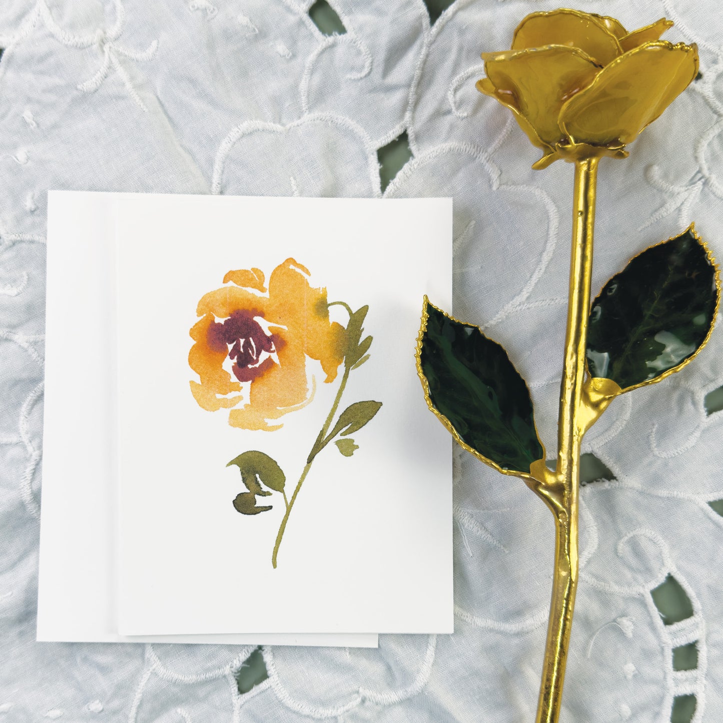 Orange single rose greeting card watercolor greeting card