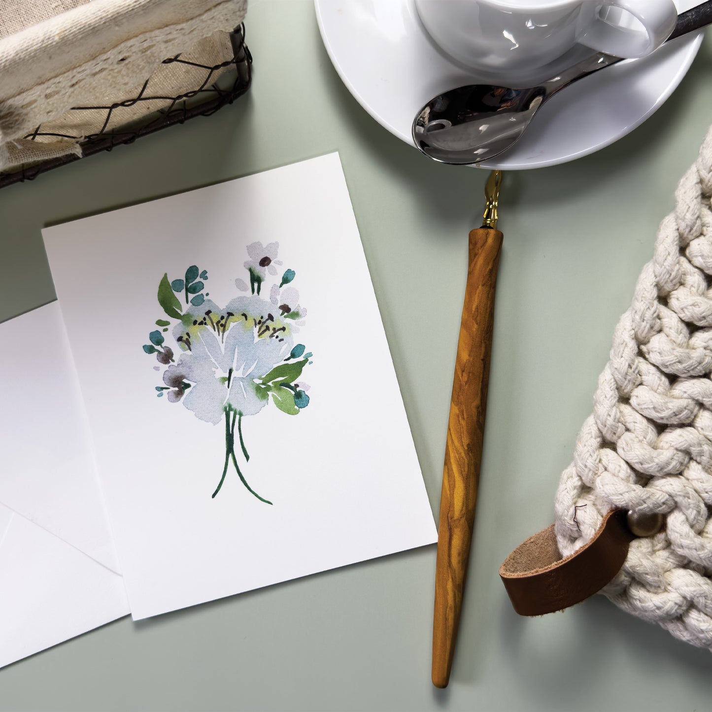 White Peony Bouquet with Small Teal Flowers Greeting Cards