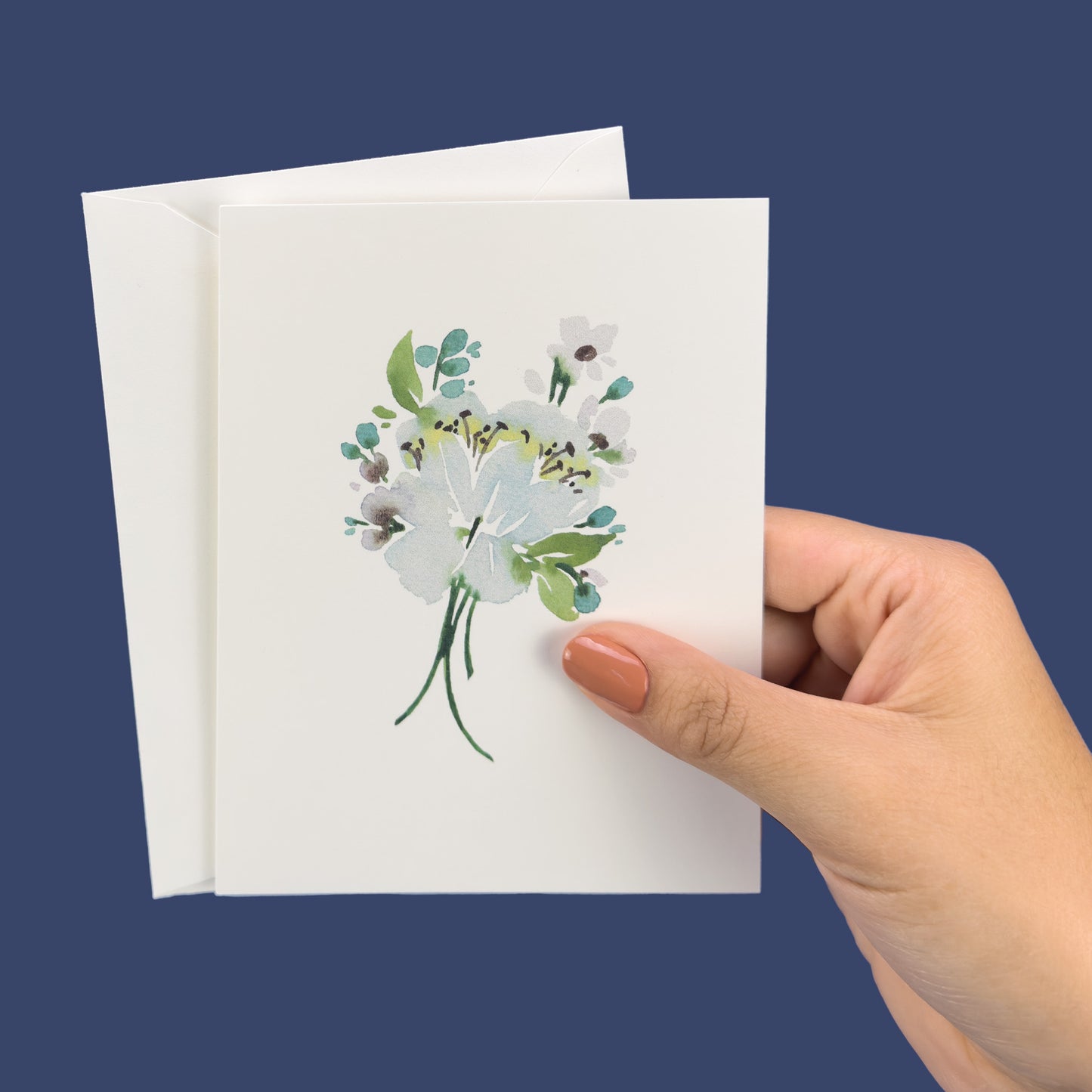 White Peony Bouquet with Small Teal Flowers Greeting Cards