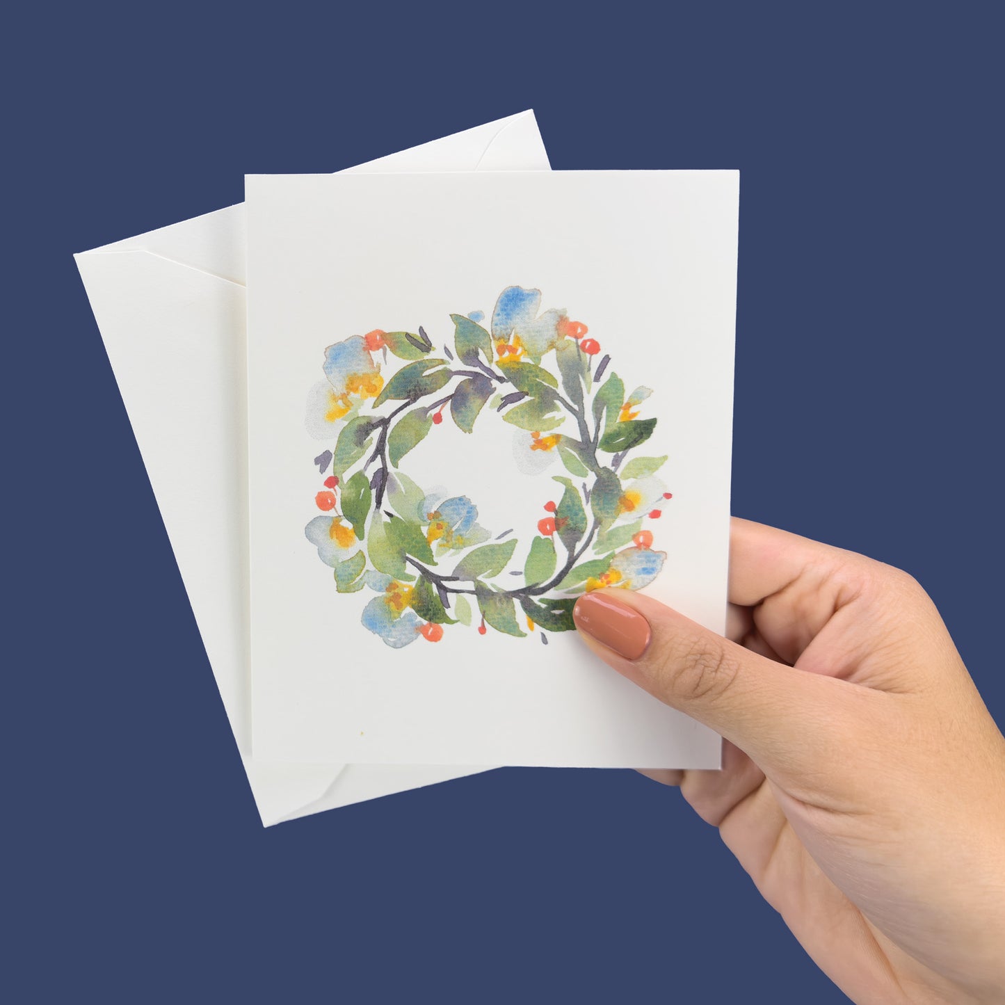 Wreath with White Flowers and Orange Berries Greeting Card