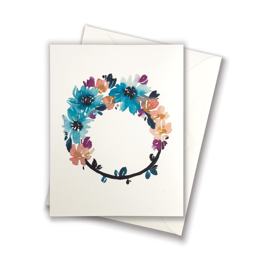Blue Cosmos Wreath with Pink and Purple Flowers Greeting Card