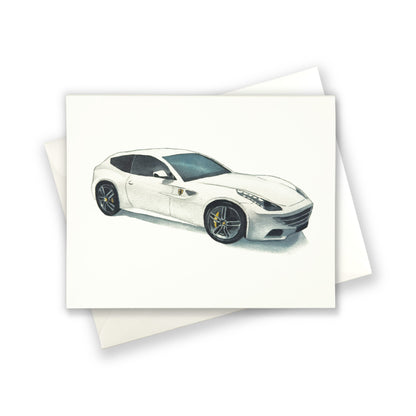 White Ferrari Watercolor Car Greeting Card Print
