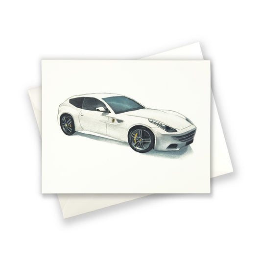 White Ferrari Watercolor Car Greeting Card Print