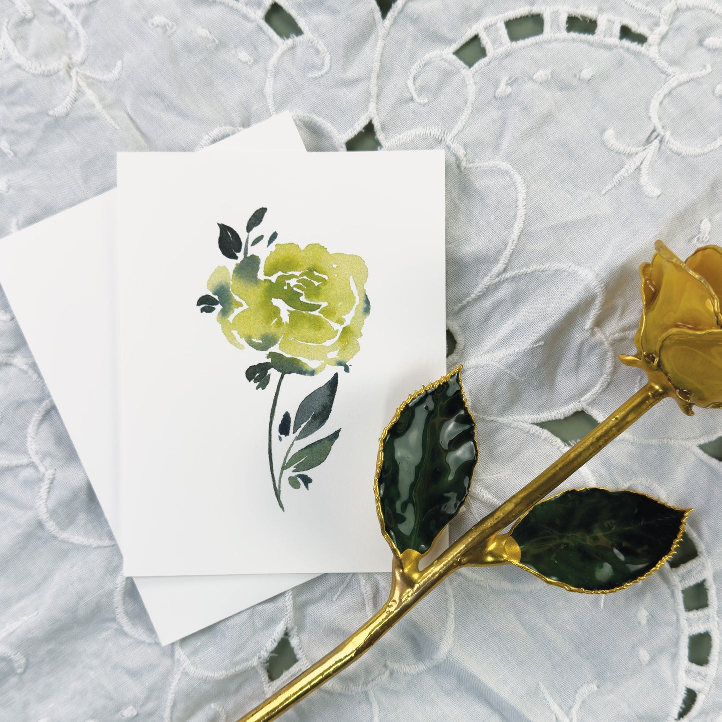 Green Colored Single Rose Greeting Cards