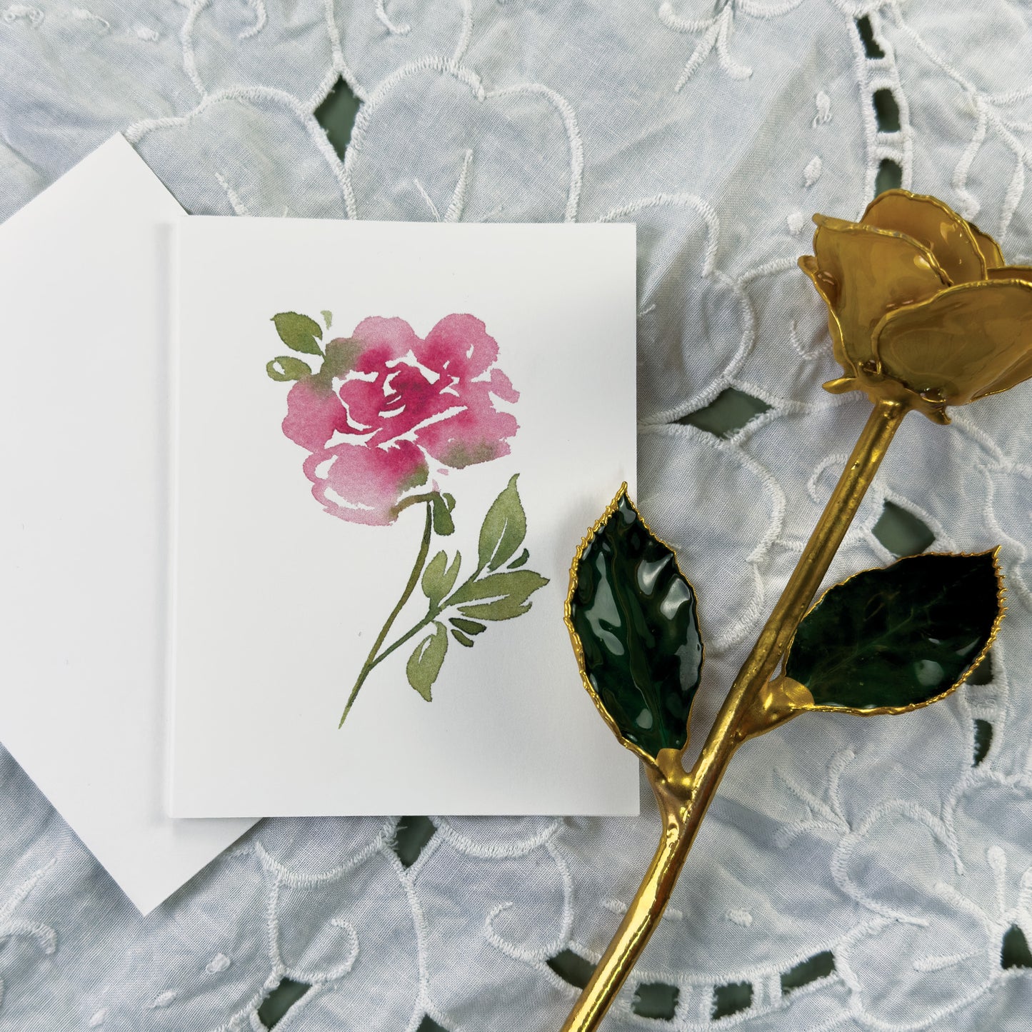 Pink Colored Single Rose Greeting Cards