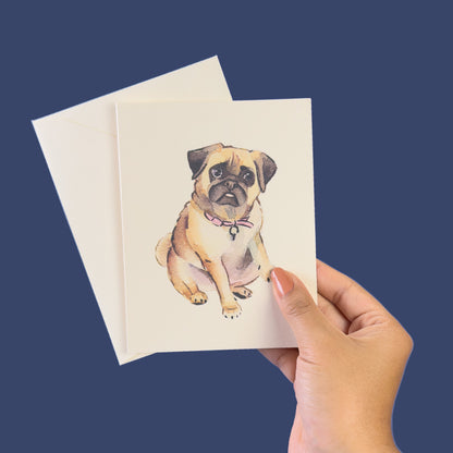 Sitting Pug Watercolor Greeting Card