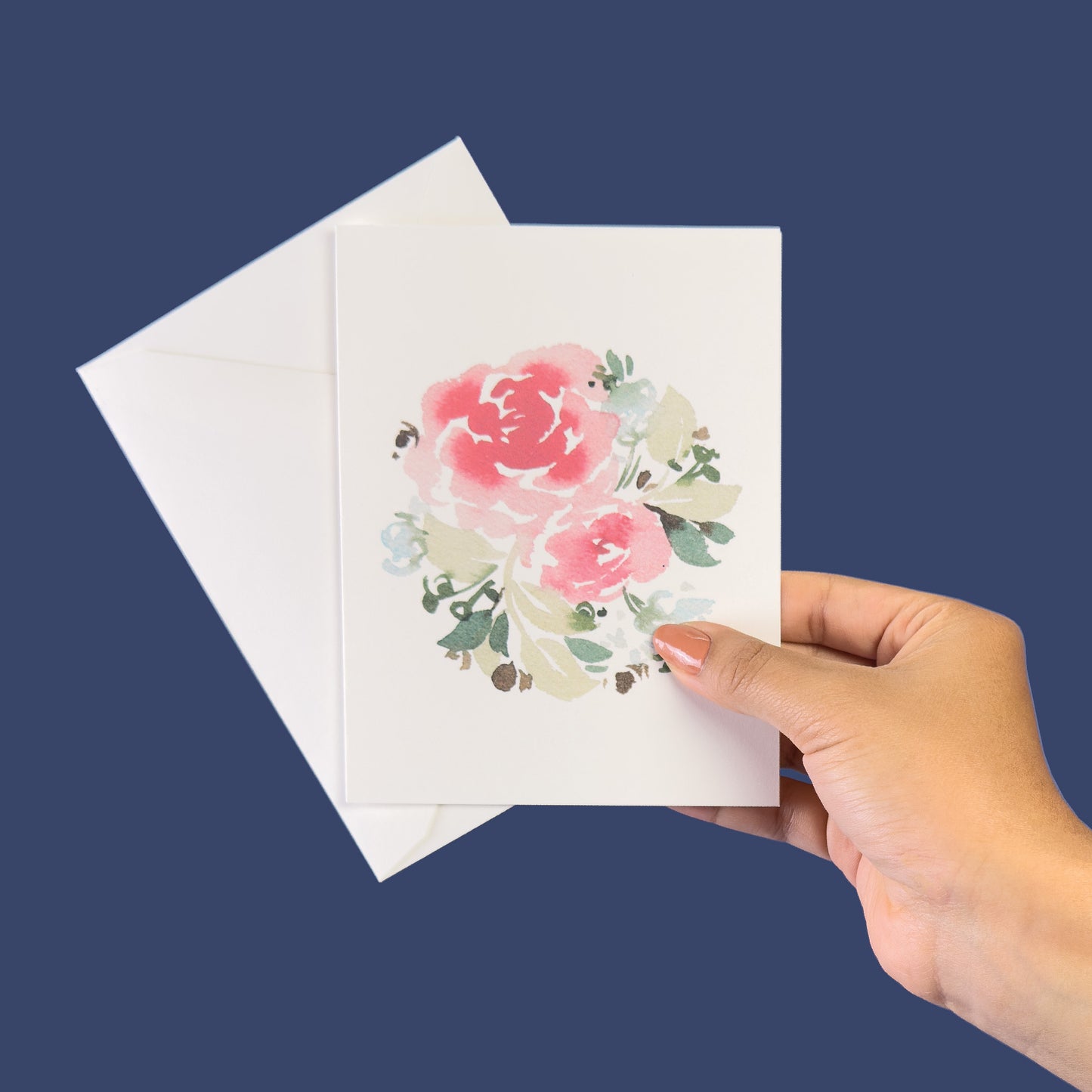 Muted red roses with light blue flowers greeting card