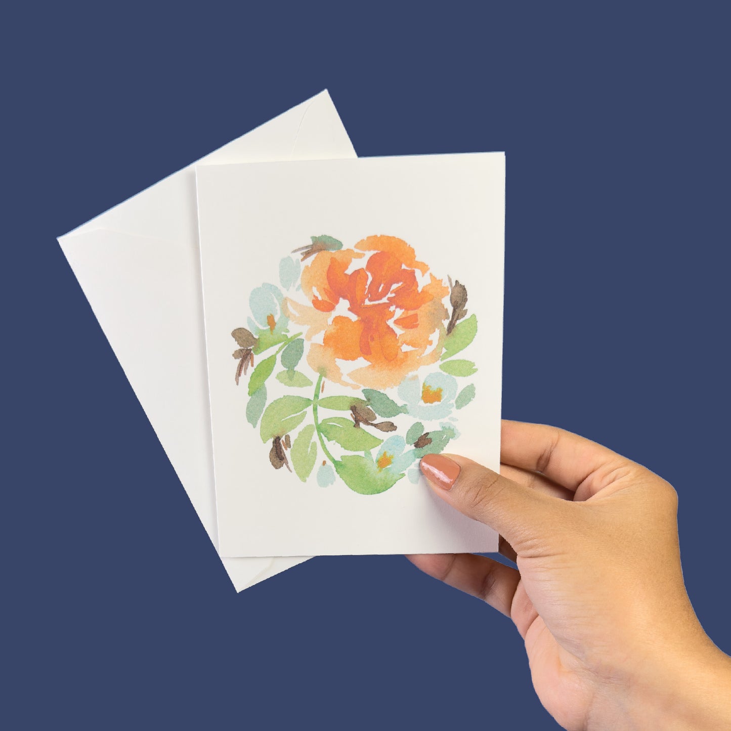 Orange Rose with blue flowers greeting card