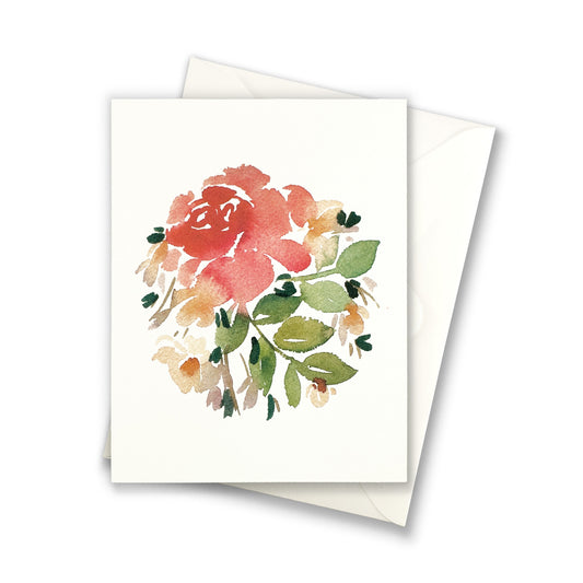 Warm red rose with white flowers greeting card